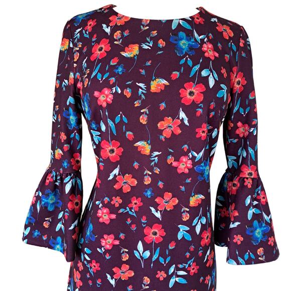 CALVIN KLEIN Floral Printed Bell Sleeve Sheath Dress Size  8 Burgundy - Picture 7 of 12